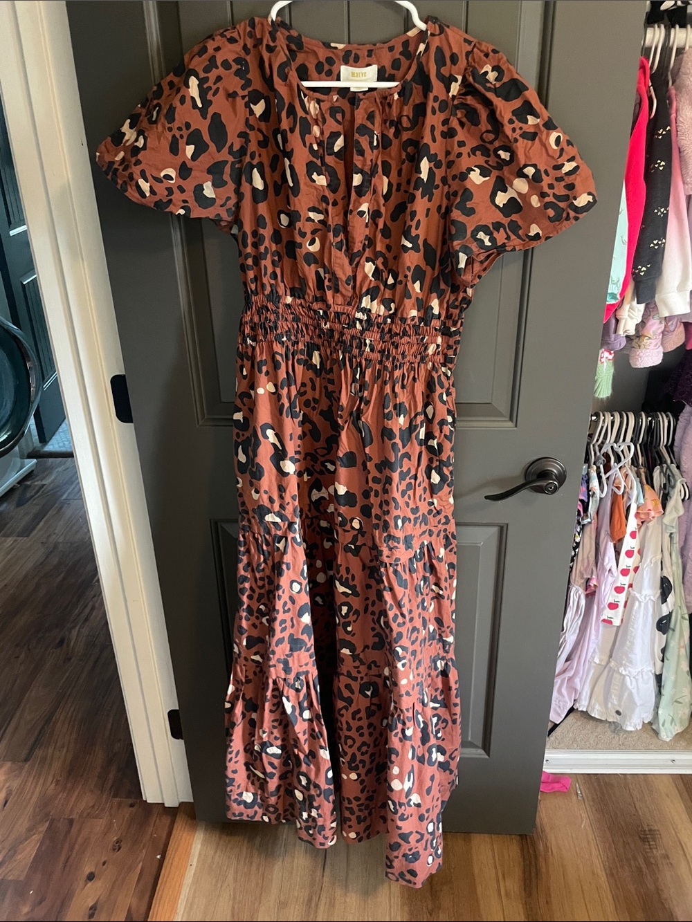 Anthropologie somerset Maeve Animal Print Tiered Maxi Dress - Rust & Black